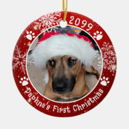 Adorno De Cerámica Dog First Christmas Snflakes 2 Photo Red