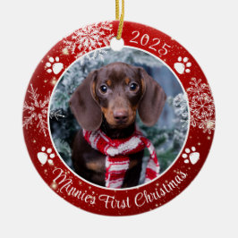 Adorno De Cerámica Dog First Christmas Snowflake Photo Red White