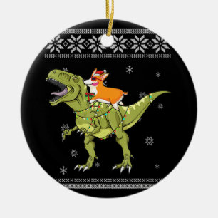 Adorno De Cerámica Dog Gift   Corgi Riding T Rex Dinosaur Christmas