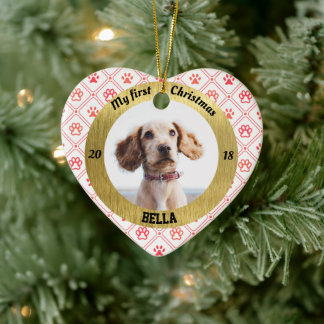 Adorno De Cerámica Dog My First Christmas Puppy Photo Name Heart