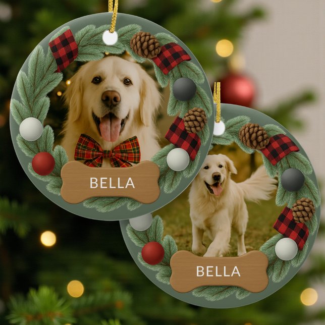 Adorno De Cerámica Dog Name Photo Holiday Christmas Wreath (Subido por el creador)