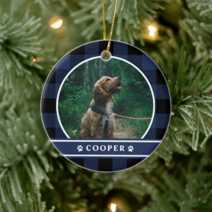 Adorno De Cerámica Dog Photo Navy Blue Plaid Tartán