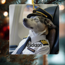Adorno De Cerámica Dog Pilot & Airplane Funny Aviation Christmas Fun