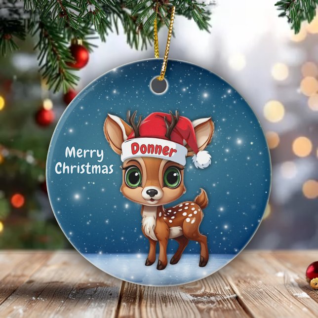 Adorno De Cerámica Donner Cute Whimsical Reindeer Graphic Unique🦌 🎄 (Personalizable Cute Whimsical Reindeer Graphic, Snowy Deer illustration, Blue Festive Ornament 🦌🎄)