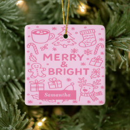 Adorno De Cerámica Doodle de Navidades rosados | Merry y Bright