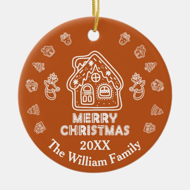 Adorno De Cerámica Doodle Gingerbread House|Nombre de familia (Frente)