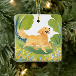 Adorno De Cerámica Dorado Retriever Feliz | Acuarela de Perro
