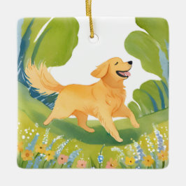 Adorno De Cerámica Dorado Retriever Feliz | Acuarela de Perro