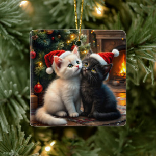 Adorno De Cerámica Dos adorables gatitos de Navidad con sombreros de