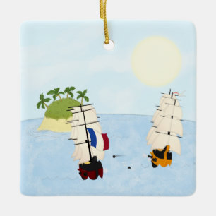 Adorno De Cerámica Dos barcos en batalla cerca de la isla tropical