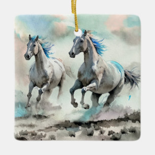Adorno De Cerámica Dos caballos salvajes de carreras acuarela