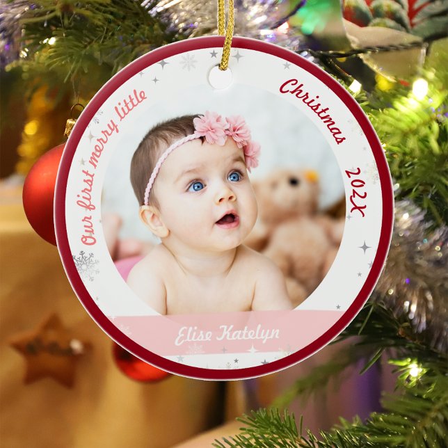 Adorno De Cerámica Dos Chicas gemelos dos fotos primeros Navidades (Modern Elegant Cute Our First Merry Little Christmas Twins Baby Girls 2 Photos Snowflakes Red Frame)