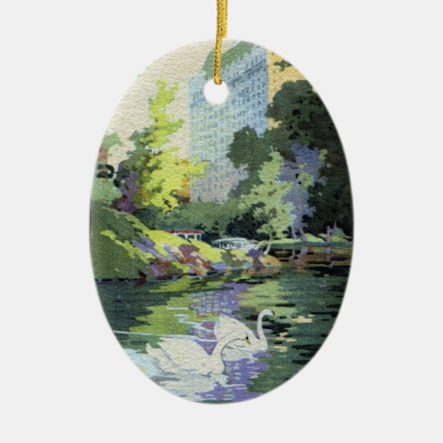 Adorno De Cerámica Dos cisnes en el lago central Park (Frente)