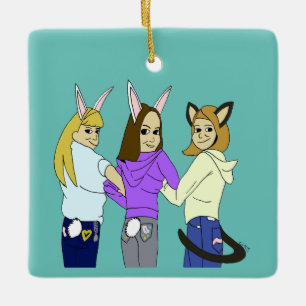 Adorno De Cerámica Dos conejitos y un gatito