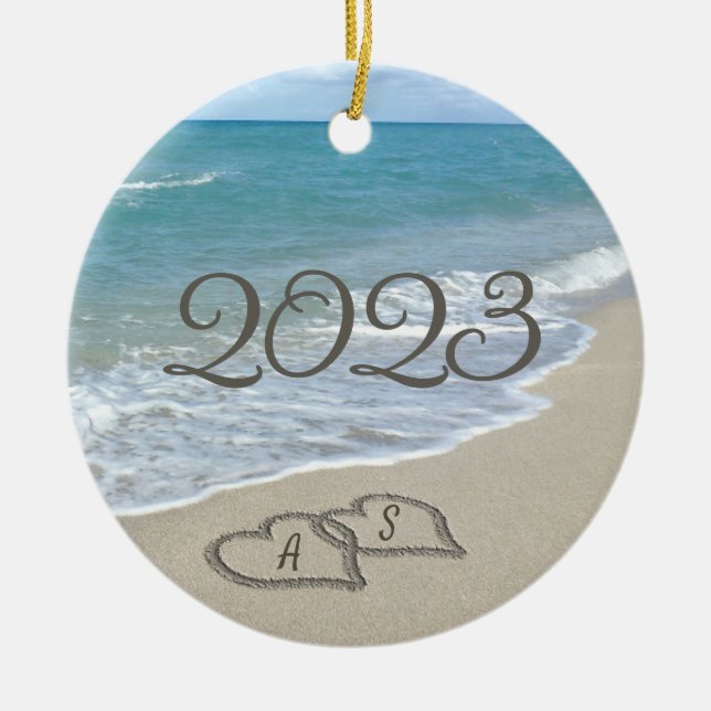 Adorno De Cerámica Dos corazones de arena en la playa (Frente)