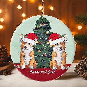 Adorno De Cerámica Dos Corgis en Santa Hat Cute Personalizados Navida