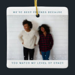 Adorno De Cerámica Dos fotos azul mejor amigo en vacaciones de nieve<br><div class="desc">Dos fotos Minimalistas de moda azul atlántico Mejor Amigo Navidades de Cascada de Nieve Ornamento de Cerámica Festividad</div>