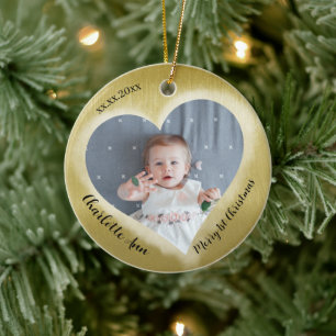 Adorno De Cerámica Dos Fotos Bebé Primera Navidad Fecha Corazón