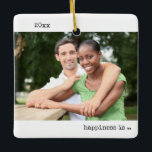 Adorno De Cerámica Dos fotos de felicidad están siendo Minimalistas<br><div class="desc">Minimalista adorno con sus fotos personalizados y la tipografía moderna de estilo máquina de escribir. El diseño es de doble cara y la plantilla está preparada para que añada sus fotos de tamaño completo al frente y al reverso. El año y la redacción son totalmente editables - la redacción de...</div>