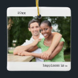Adorno De Cerámica Dos fotos de felicidad están siendo Minimalistas<br><div class="desc">Minimalista adorno con sus fotos personalizados y la tipografía moderna de estilo máquina de escribir. El diseño es de doble cara y la plantilla está preparada para que añada sus fotos de tamaño completo al frente y al reverso. El año y la redacción son totalmente editables - la redacción de...</div>