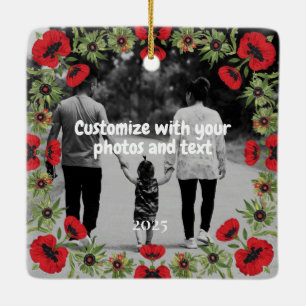 Adorno De Cerámica Dos Fotos Texto Personalizado Amapolas Rojas Liber