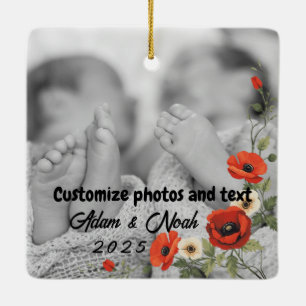 Adorno De Cerámica Dos Fotos Texto Personalizado Amapolas Rojas Liber