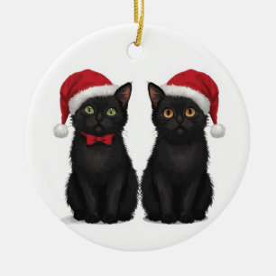 Adorno De Cerámica Dos gatitos negros con sombrero de Santa Navidad