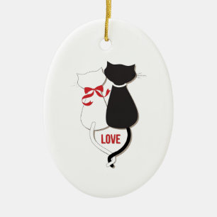 Adorno De Cerámica Dos Gatos Enamorados, Rojo, Negro, Corazones