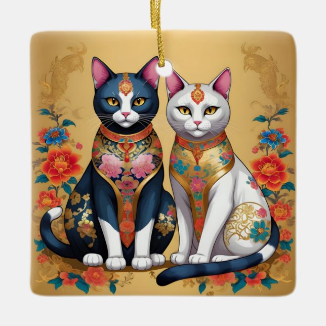 Adorno De Cerámica Dos gatos florales decorativos (Anverso)