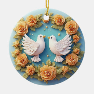Adorno De Cerámica Dos palomas blancas en medio de un patrón floral