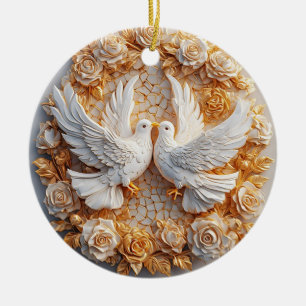 Adorno De Cerámica Dos palomas blancas en medio de un patrón floral