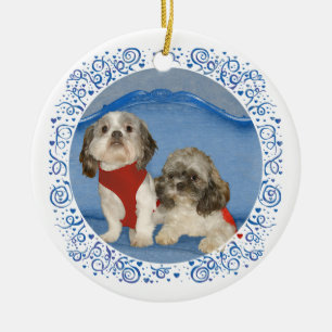 Adorno De Cerámica Dos Pequeños Perritos Rescatados Shih Tzu