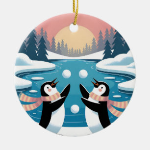 Adorno De Cerámica Dos pingüinos haciendo malabares con bolas de niev
