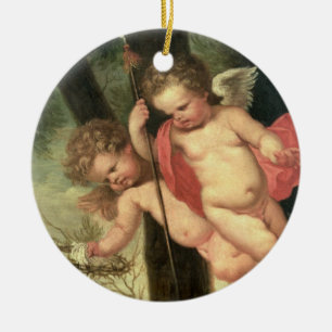 Adorno De Cerámica Dos querubes que vuelan, sosteniendo la corona de