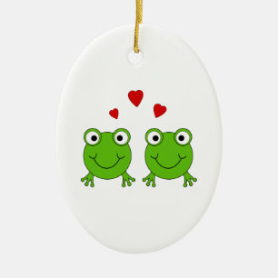 Adorno De Cerámica Dos ranas verdes con los corazones rojos