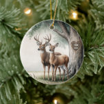 Adorno De Cerámica Dos venados para los primeros Navidades casados<br><div class="desc">Un dólar y un ciervo de cola se paran con gracia al lado de un viejo árbol con un corazón y nombres tallados en su baúl para los primeros Navidades casados de una pareja juntos. Los nombres en el corazón se pueden cambiar. El texto en el reverso es editable.</div>