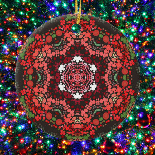 Adorno De Cerámica Dot Mandala Verde Rojo y Blanco