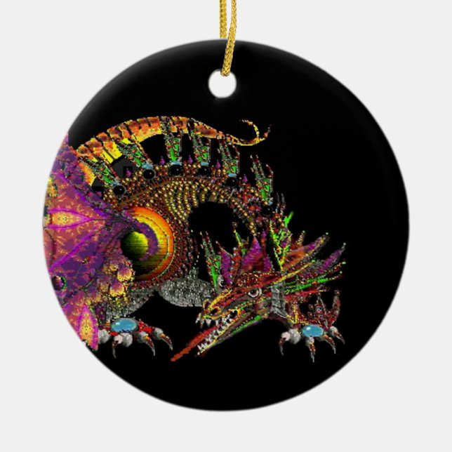 Adorno De Cerámica DRAGO,FANTASY GOLD DRAGON IN PURPLE BLACK,Red Ruby (Frente)