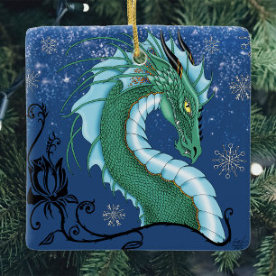 Adorno De Cerámica Dragón de Hielo Esmeralda Místico Copos de Nieve F
