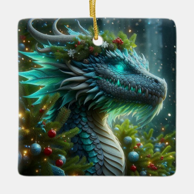 Adorno De Cerámica Dragón de Navidades turquesa mágico (Anverso)