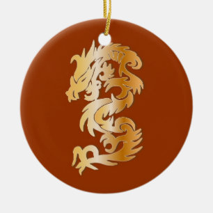 Adorno De Cerámica Dragón dorado en rojo