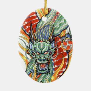 Adorno De Cerámica Dragón japonés y flores del Lotus