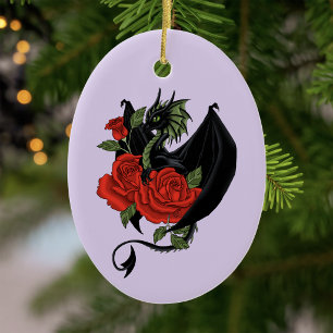 Adorno De Cerámica Dragón Negro Místico Rosas Rojas Lavanda Gótico