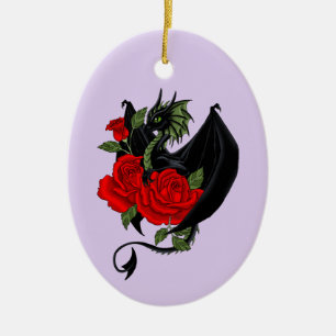 Adorno De Cerámica Dragón Negro Místico Rosas Rojas Lavanda Gótico