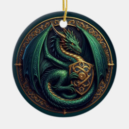 Adorno De Cerámica Dragón verde con escudo