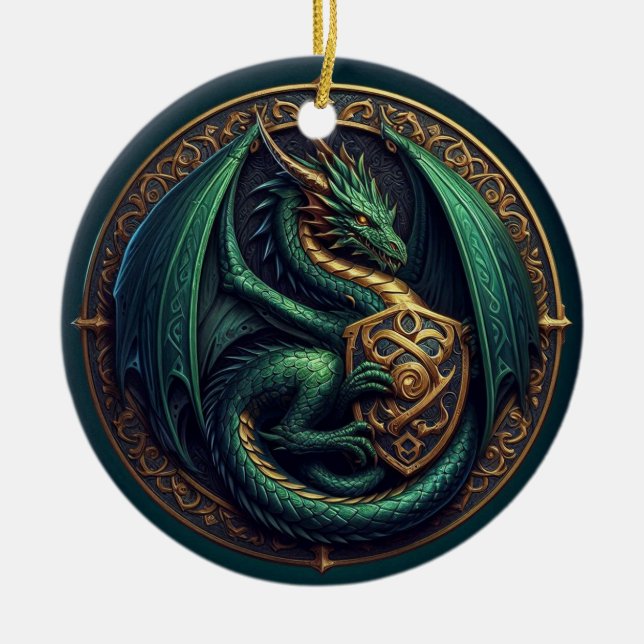 Adorno De Cerámica Dragón verde con escudo (Frente)