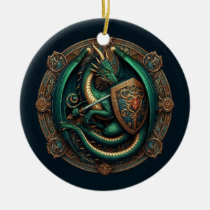 Adorno De Cerámica Dragón verde con espada