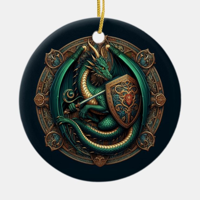 Adorno De Cerámica Dragón verde con espada (Frente)