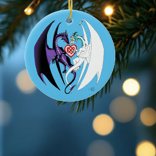 Adorno De Cerámica Dragones Amor Corazón Azul