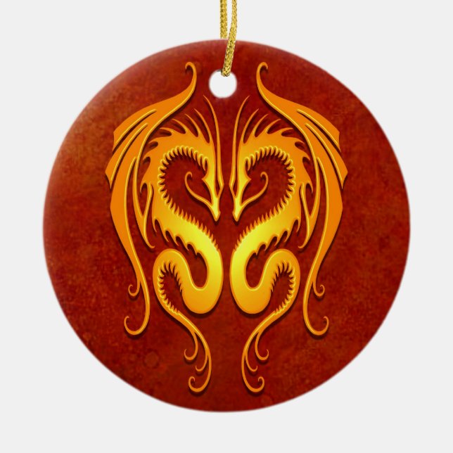 Adorno De Cerámica Dragones tribales, rojo y amarillo (Frente)